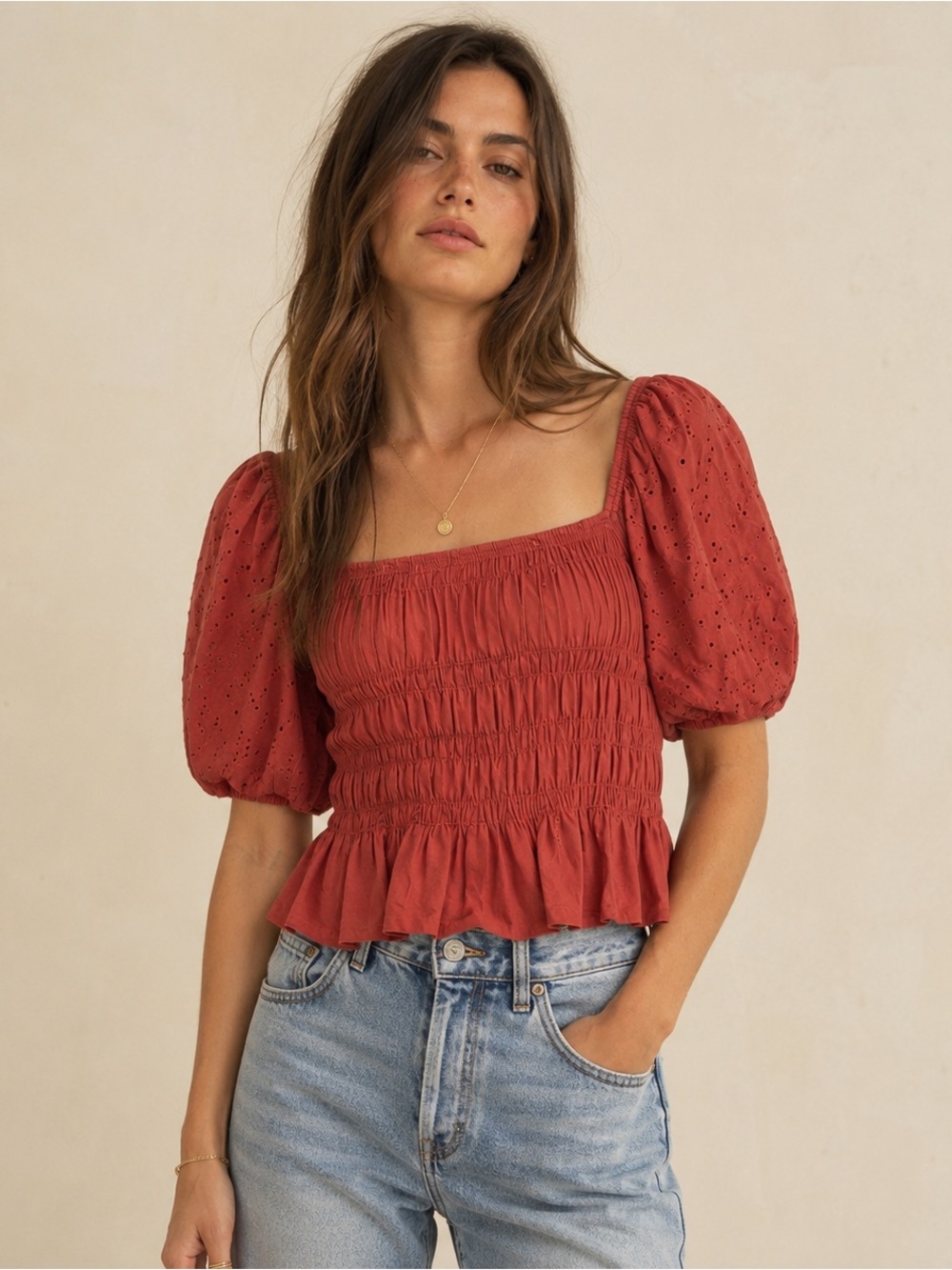 Mexx Eyelet Smocked Peplum Top Puff Sleeve Cottagecore XL